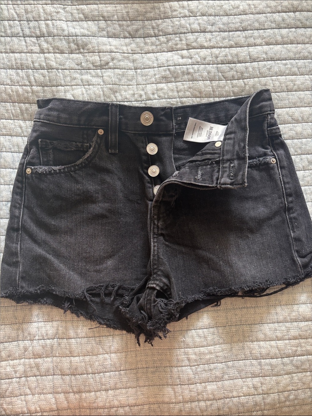 Frayed Hem Black Denim Shorts with Button Front